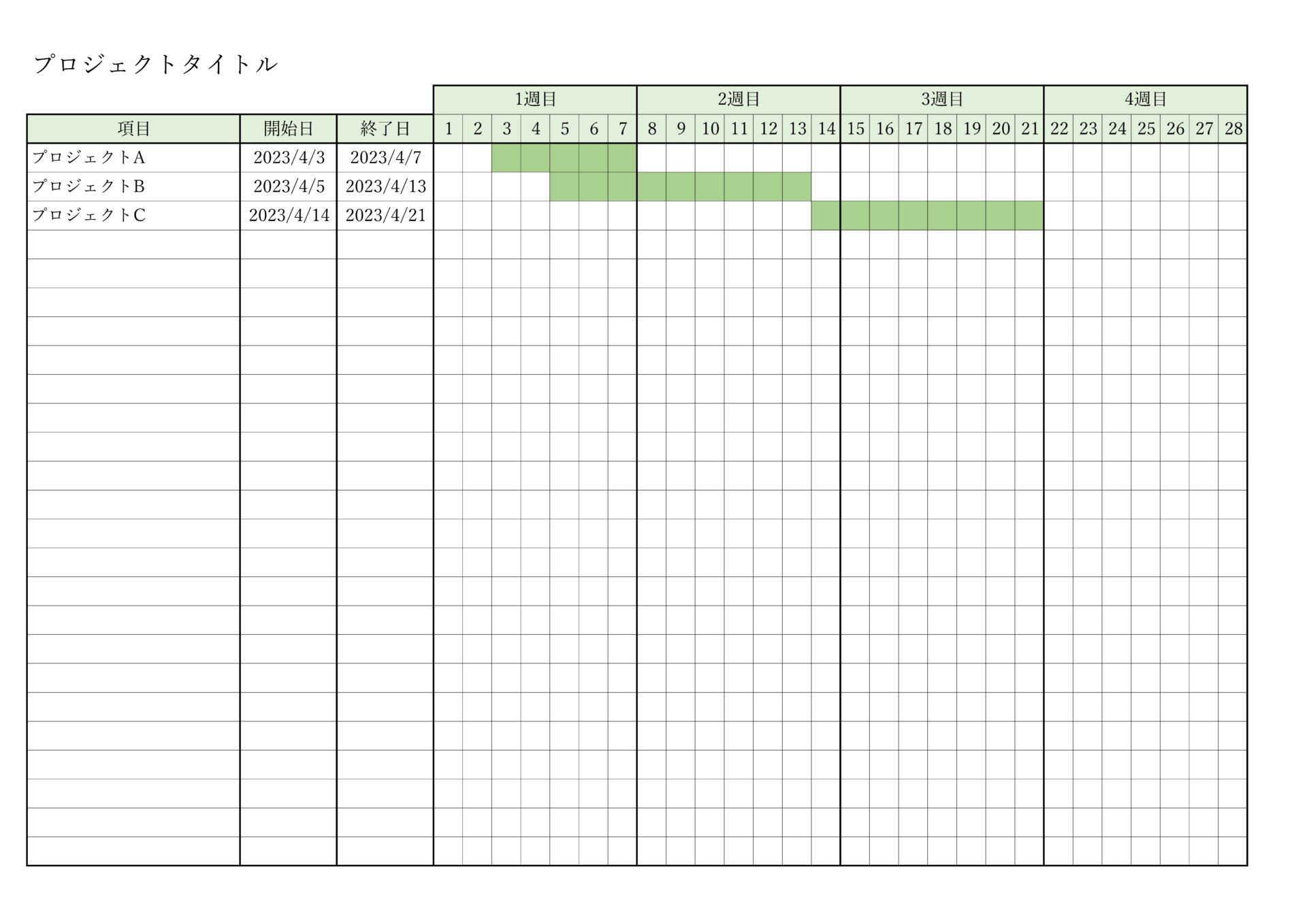 プロジェクト管理用、予定表、スケジュール表の見本画像