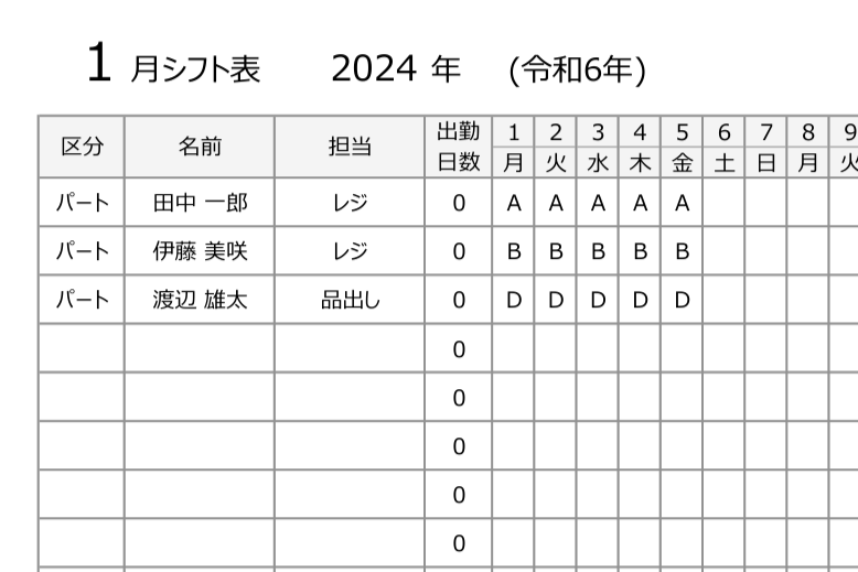 月間シフト表の記入例