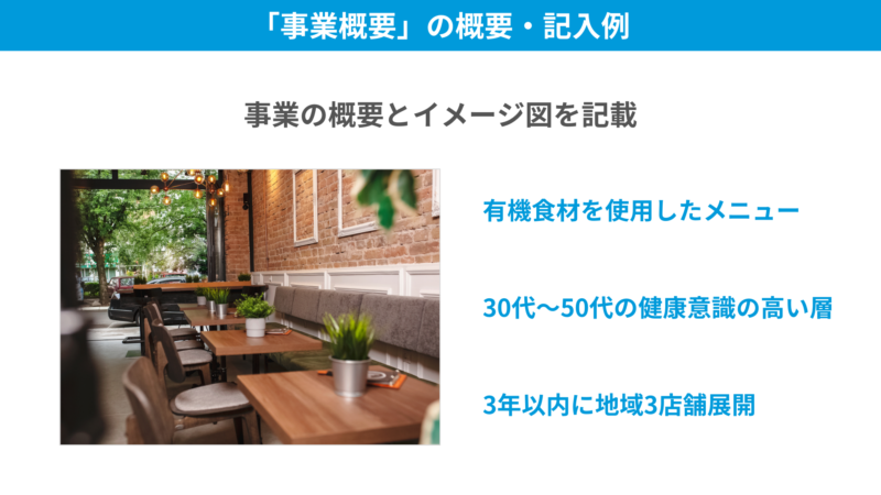 事業の目的とビジョンを説明する概要と記入例のサンプル
