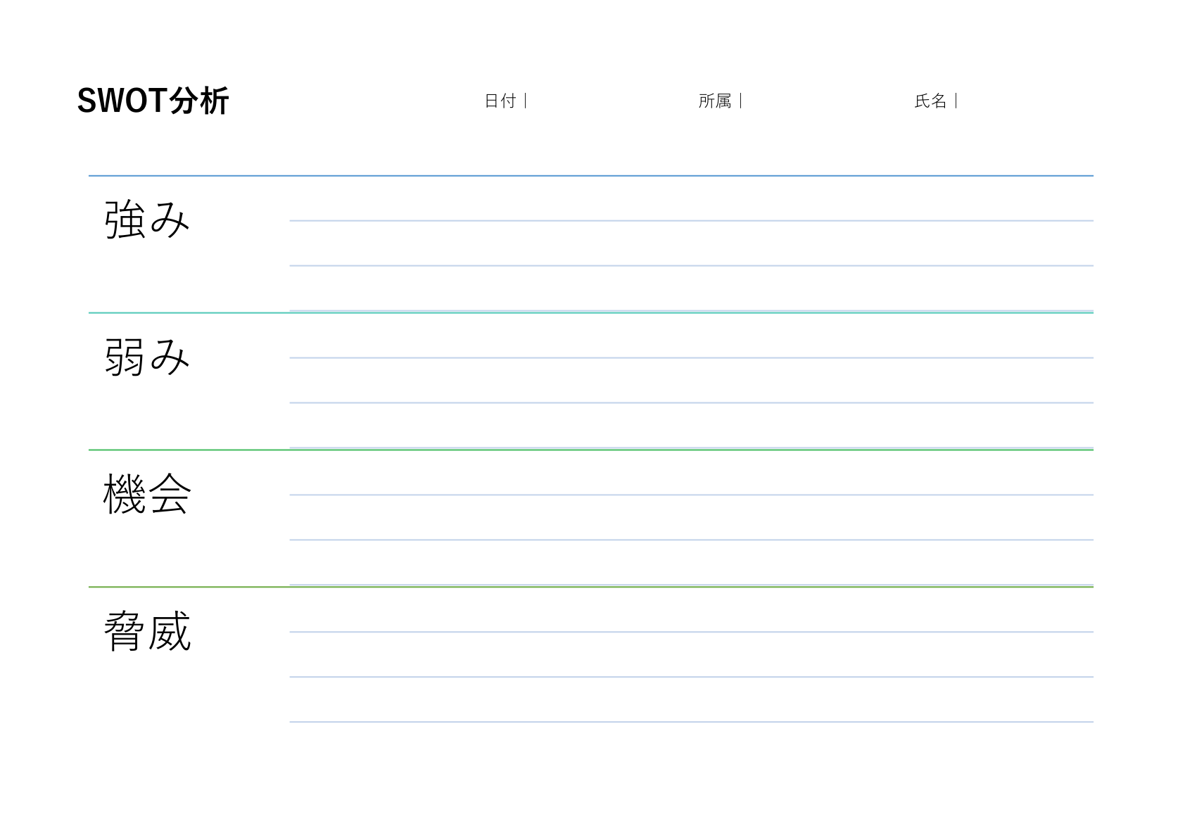 縦型4セクション、カラー線で区切られた複数行入力のSWOT分析テンプレート