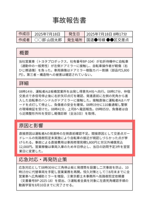 事故報告書の原因と影響欄が赤枠で強調された画像。左側確認不足や視認性の問題が原因として挙げられ、業務への影響も記載されている。