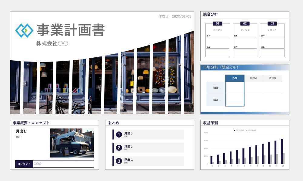 ショップ向け事業計画書のスライド構成。店舗の外観写真を背景にしたトップスライド、事業概要やコンセプトの説明、競合分析、市場分析、収益予測グラフなどの情報がレイアウトされたプレゼンテーション資料