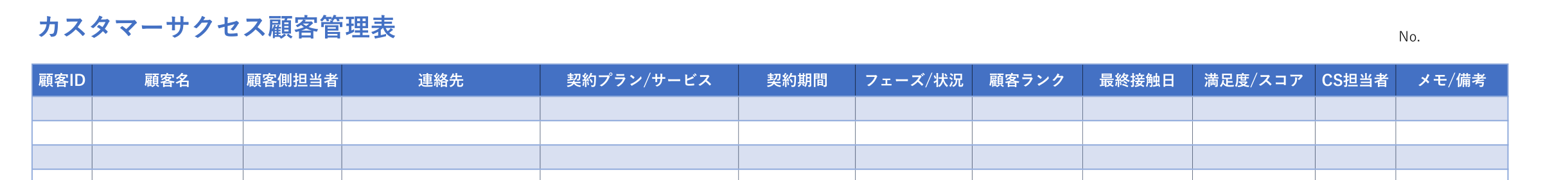 カスタマーサクセス用の顧客管理表テンプレートのヘッダーの見本