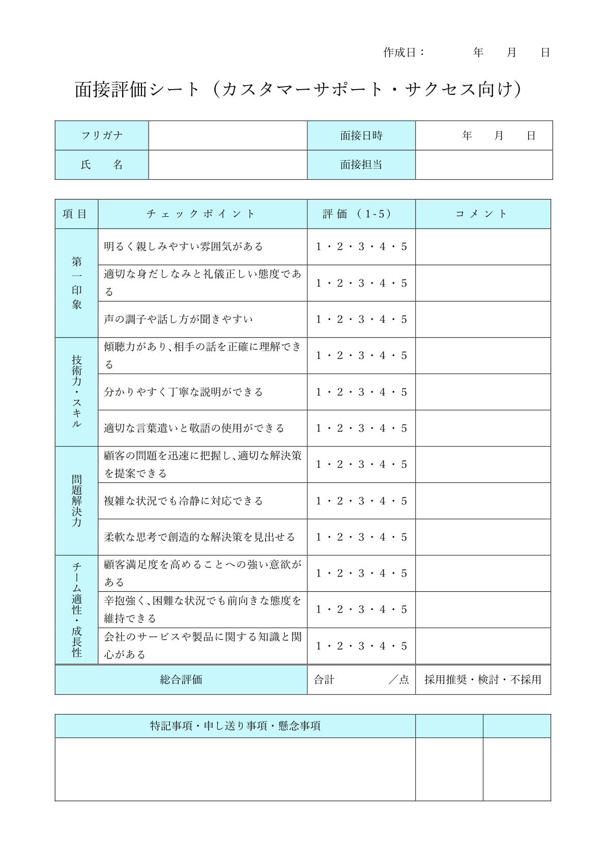 カスタマーサポート向け評価シート：顧客対応スキルを重視