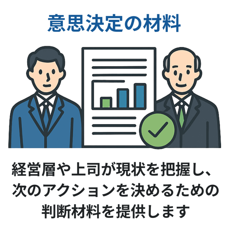 スーツ姿の男性2人と、棒グラフ付きの書類で意思決定の判断材料を提供する場面を表したイラスト