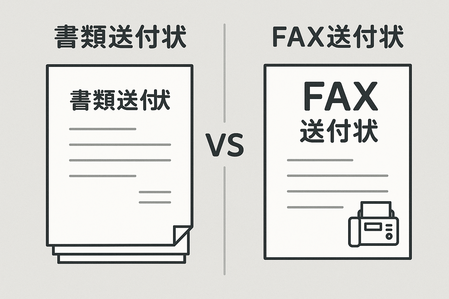 書類送付状とFAX送付状を比較するイラスト。左側には数枚重なった書類送付状、右側にはFAXアイコン付きのFAX送付状が描かれており、中央に「VS」の文字がある。