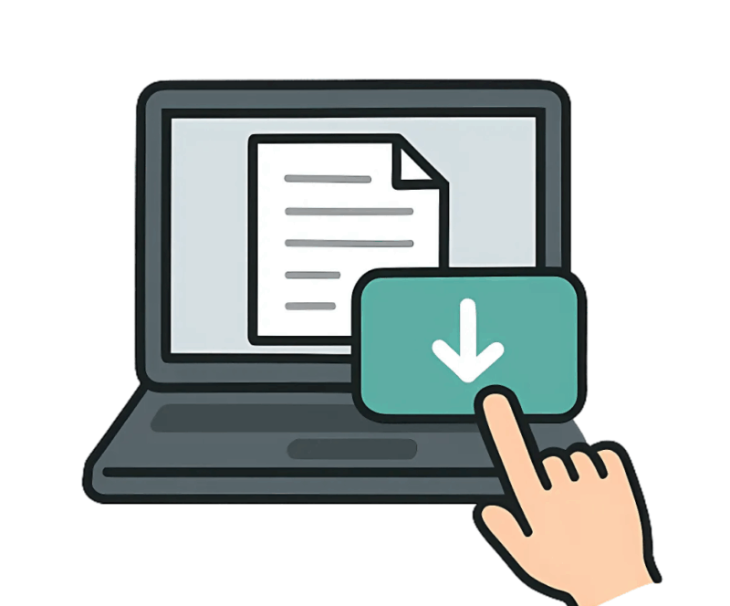 ノートパソコンの画面に表示された書類アイコンと、ダウンロードボタンをクリックする手のイラスト