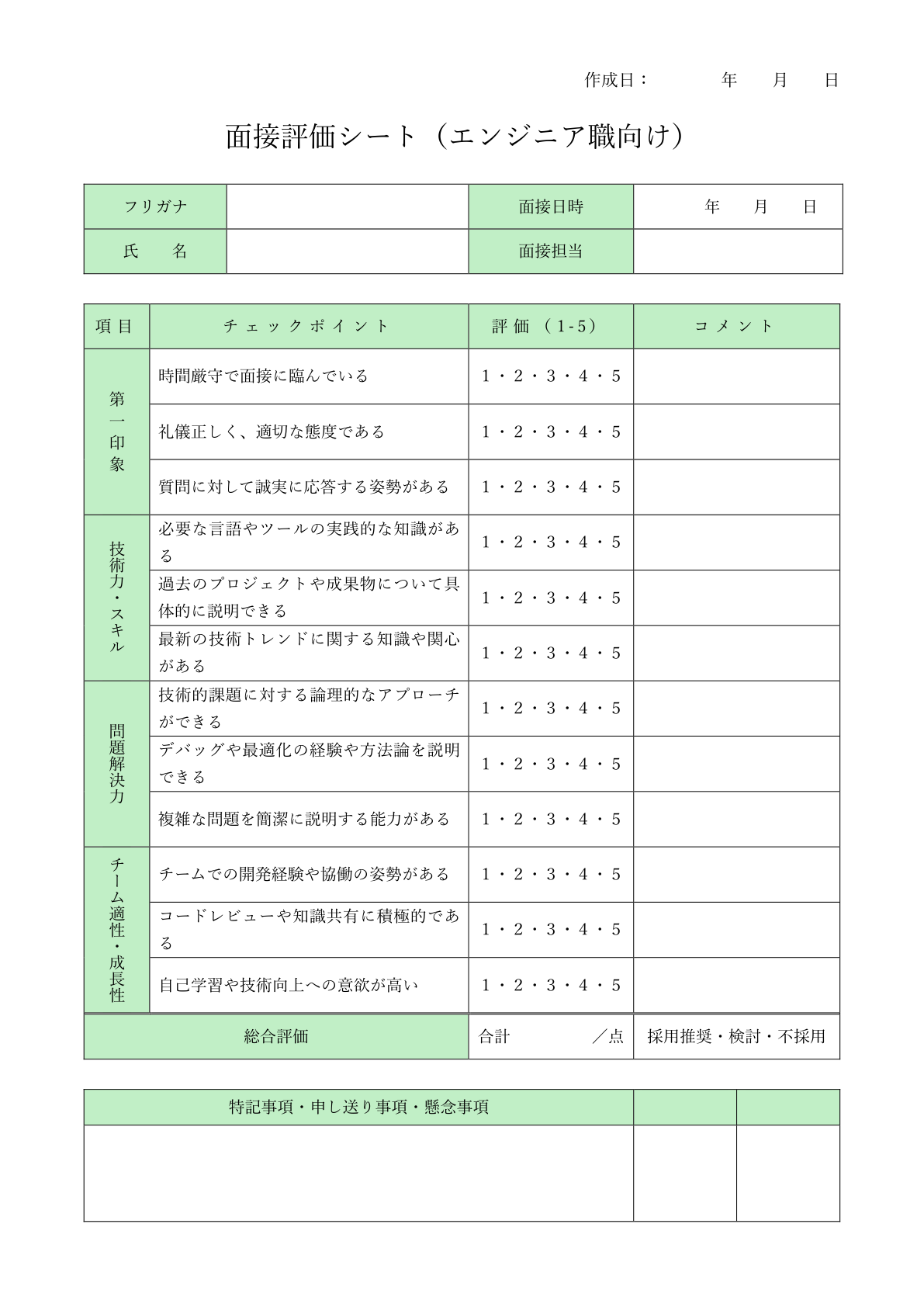 エンジニア職向け評価シート：技術力評価に特化