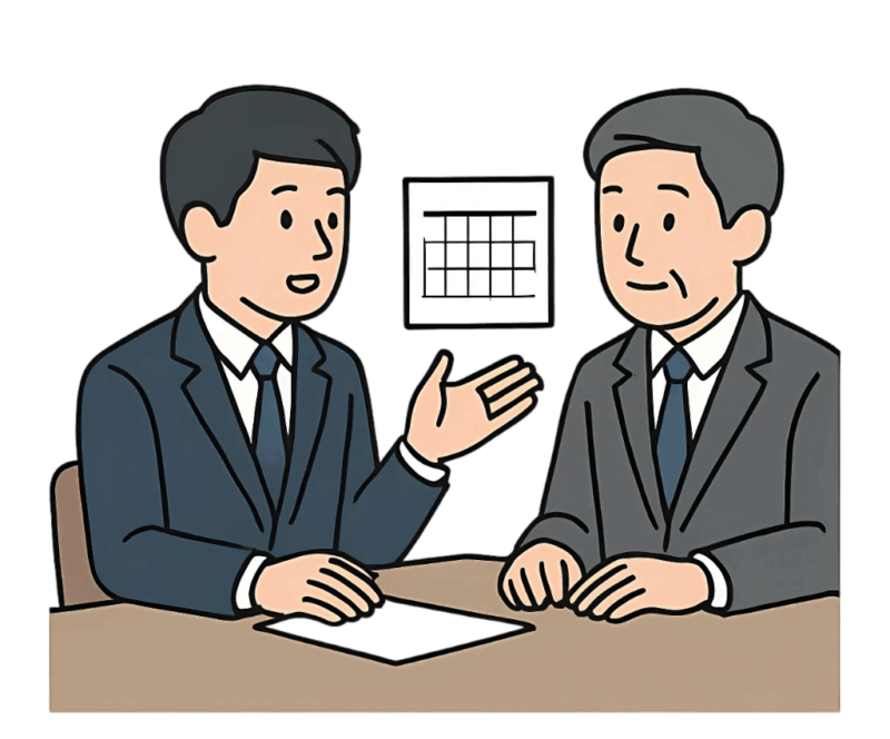退職理由と希望退職時期を上司に伝えるスーツ姿の若手社員のイラスト