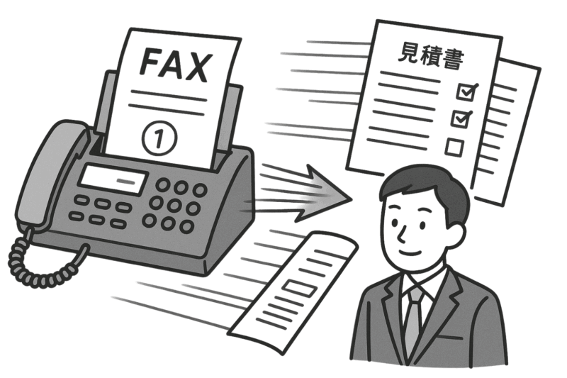 スーツ姿の男性がFAXで見積書を受信しているイラスト