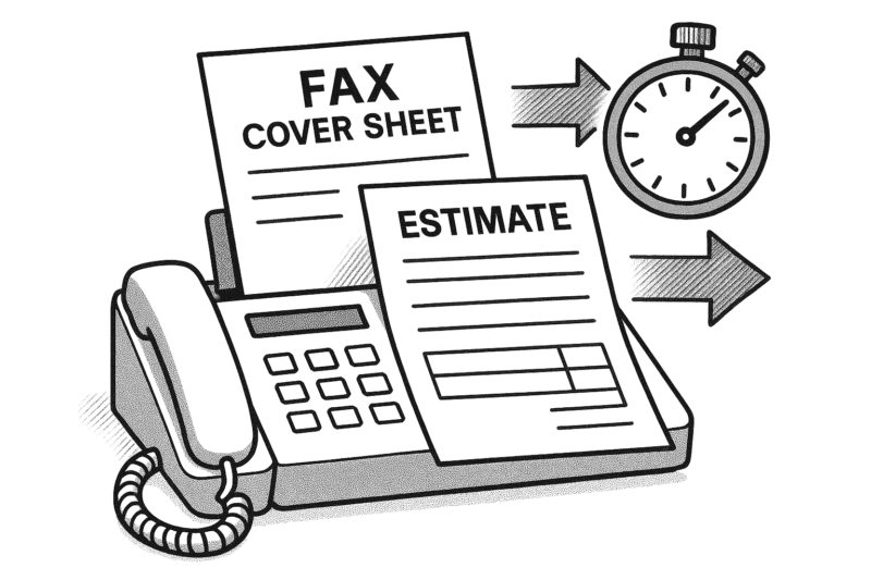 FAX機から見積書とカバーシートを素早く送信しているイラスト