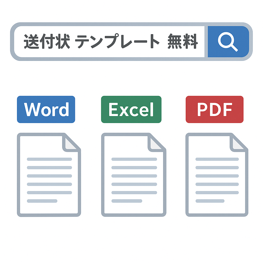「送付状 テンプレート 無料」と検索している画面のイラスト。下にはWord、Excel、PDF形式のテンプレートを表す3種類の書類アイコンが並んでいる。