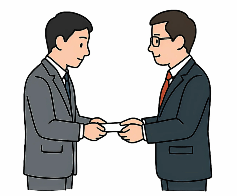 スーツ姿の男性が上司に退職届を手渡しているイラスト