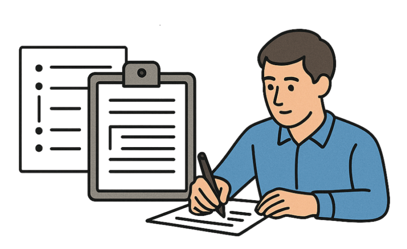 書類を見ながら報告書や記録を書いているビジネスマンのイラスト。背景にはチェックリストと箇条書き文書