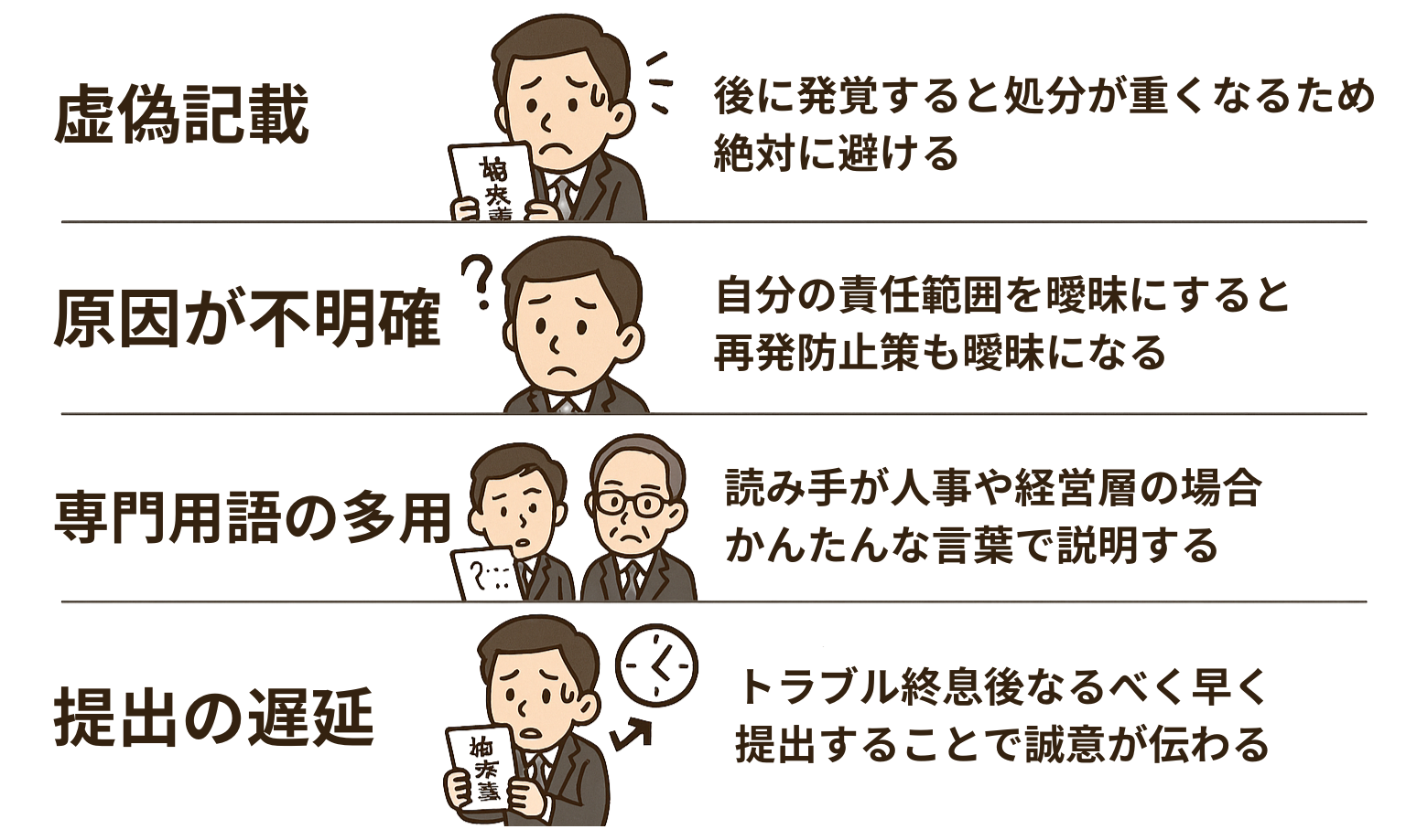 始末書作成時の注意点を示したイラスト。虚偽記載、原因が不明確、専門用語の多用、提出の遅延の4項目について、それぞれの問題点と対処の重要性が説明されている。