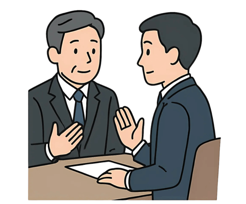 会議室で上司に退職の意思を相談するビジネスマンのイラスト