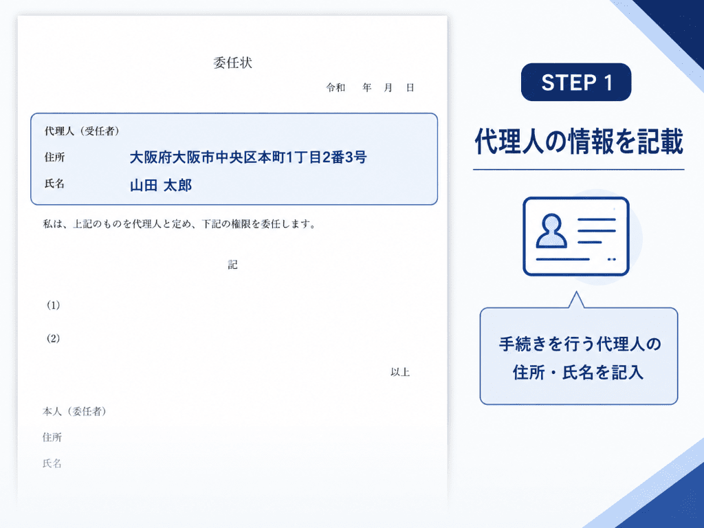 委任状に代理人の住所と氏名を記入する例