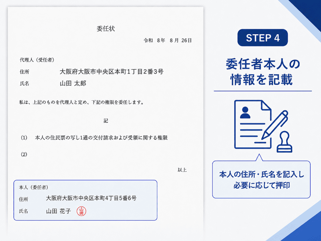 委任状に委任者本人の住所と氏名を記入して押印する例