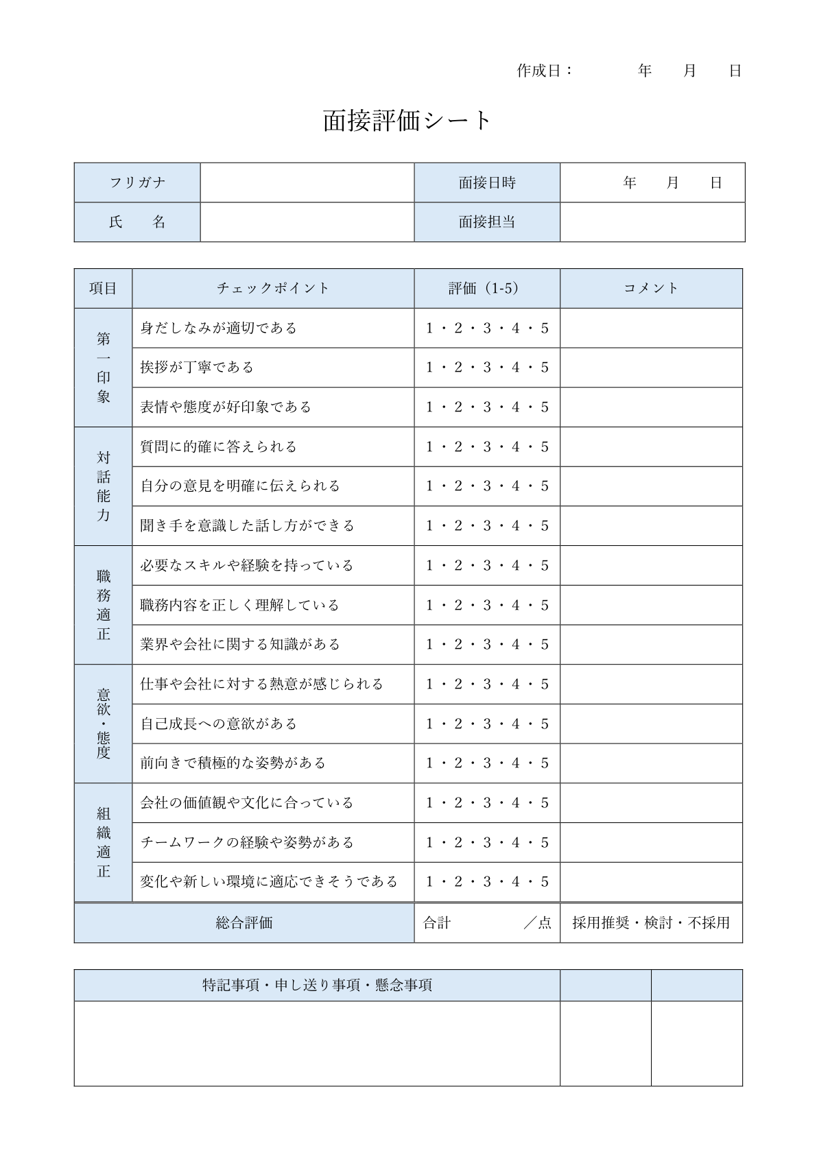 青色デザイン企業向け面接評価シートテンプレート：項目ごとにチェックポイント、5段階評価、コメント欄があり、総合評価には採用推奨選択肢も設置された表形式のレイアウト。