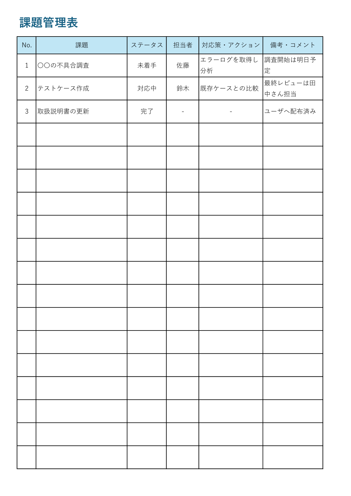 最小限の項目だけを含むシンプルな課題管理表のテンプレート