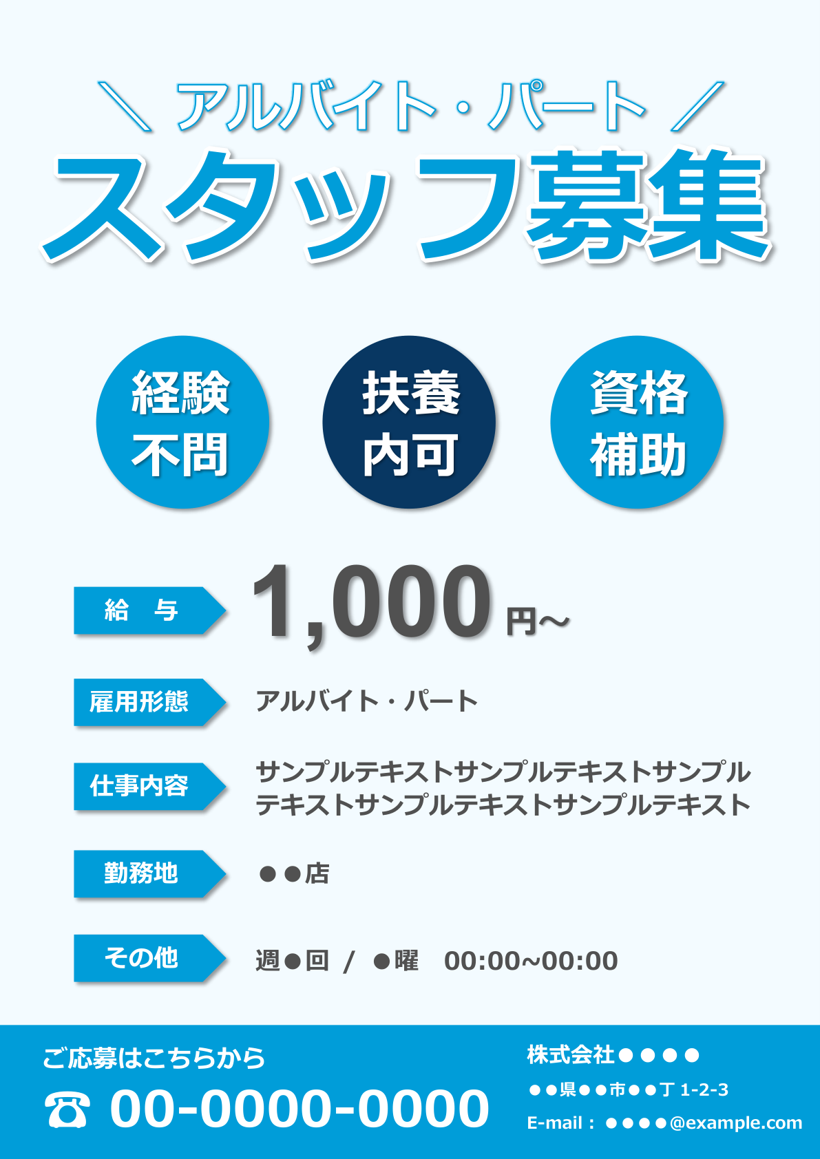 青系の求人票ポスターテンプレート：上部に「アルバイト・パートスタッフ募集」、丸いバッジで「経験不問」「扶養内可」「資格補助」を強調し、時給「1,000円〜」の詳細項目が中央に配置された落ち着いたデザイン。