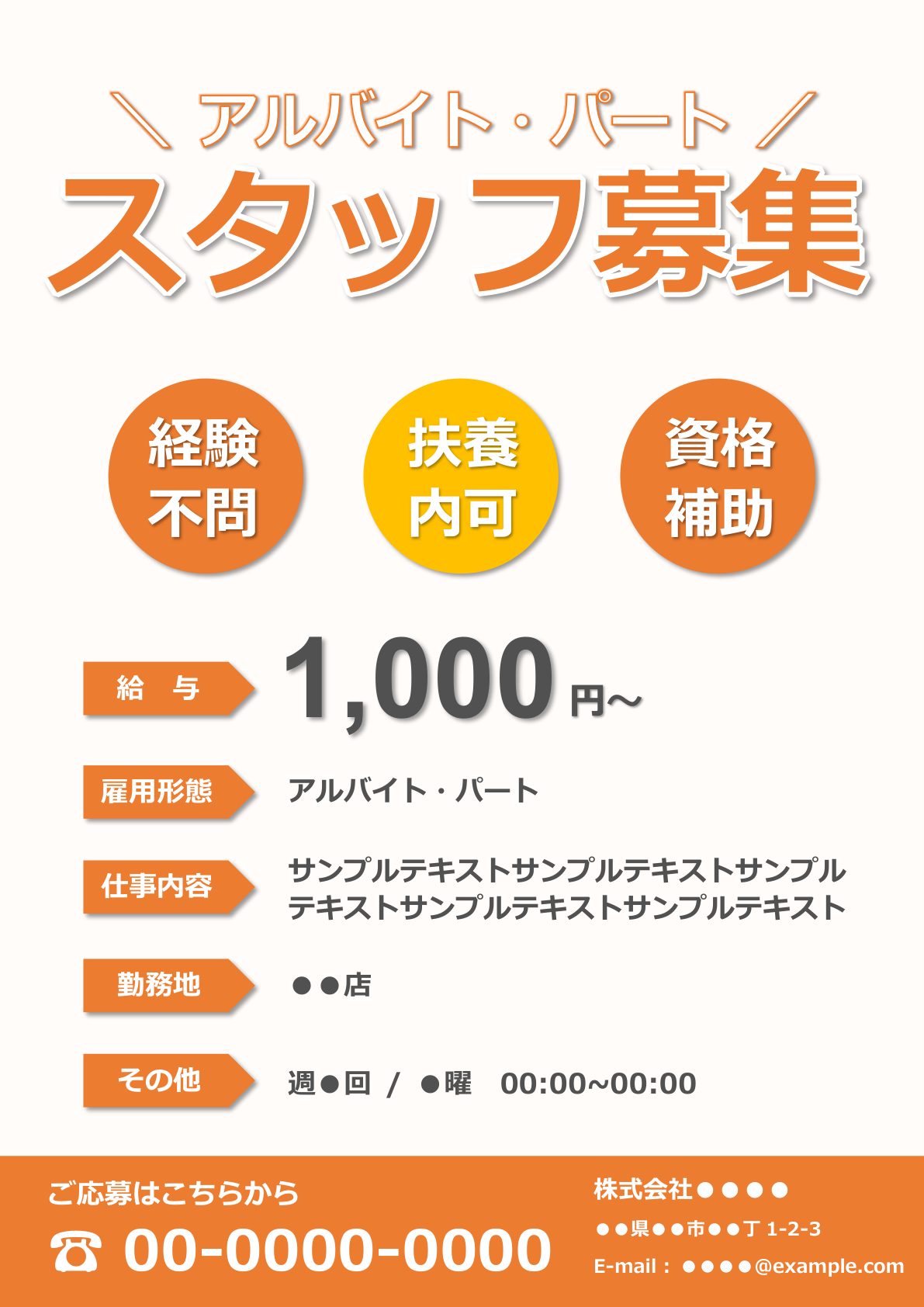 鮮やかなオレンジ系求人票ポスターのテンプレートテンプレート：上部の「アルバイト・パートスタッフ募集」タイトルと中央の時給「1,000円〜」が目立つレイアウト。オレンジと白のコントラストを活かしたデザインで、丸いバッジによる「経験不問」「扶養内可」「資格補助」情報が強調された構成。