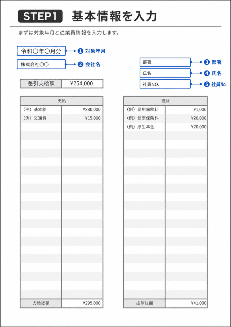 給与明細の書き方STEP1 対象年月・会社名・部署・氏名・社員番号など基本情報の入力例