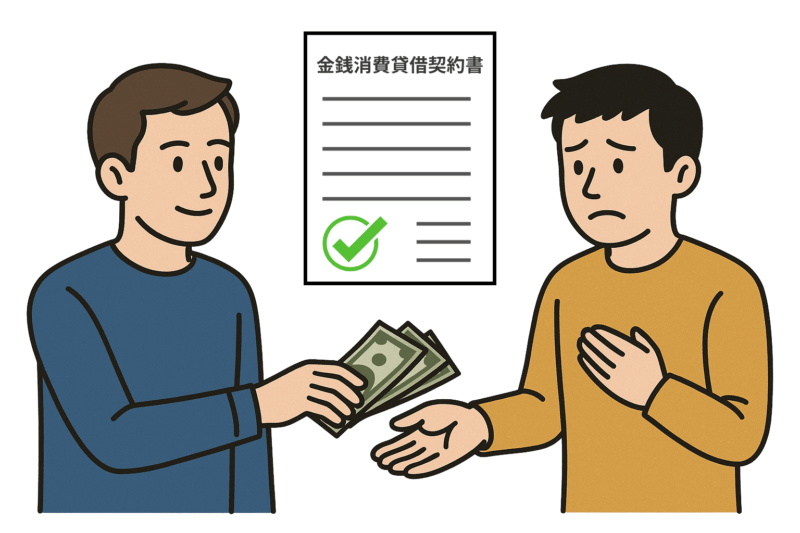 お金を貸す男性とお金を受け取る不安そうな男性が描かれたイラスト。背景には「金銭消費貸借契約書」と書かれた契約書が表示されている。