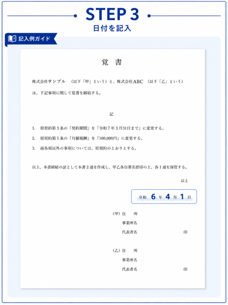 覚書の書き方STEP3 覚書の作成日を記入する例