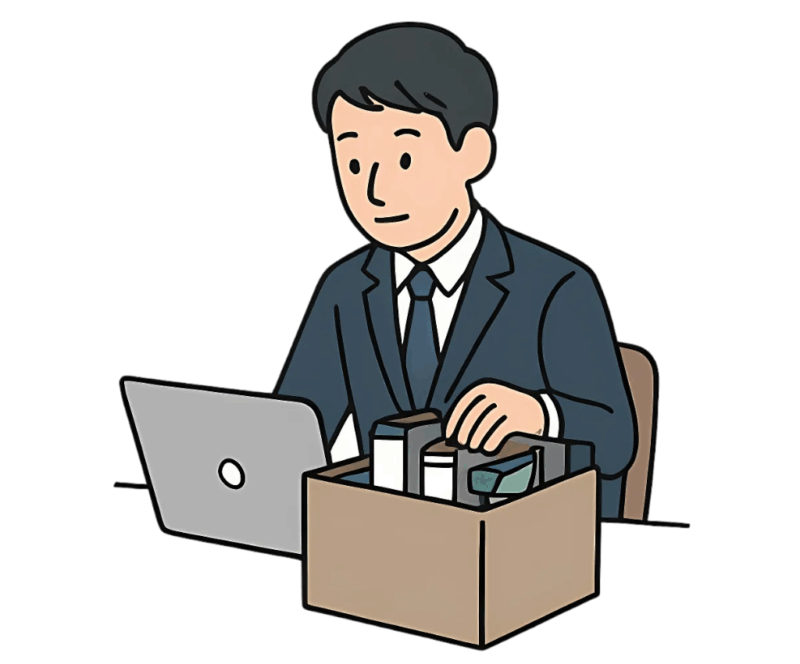 デスクで荷物をまとめながらパソコンを操作する退職直前のビジネスマンのイラスト