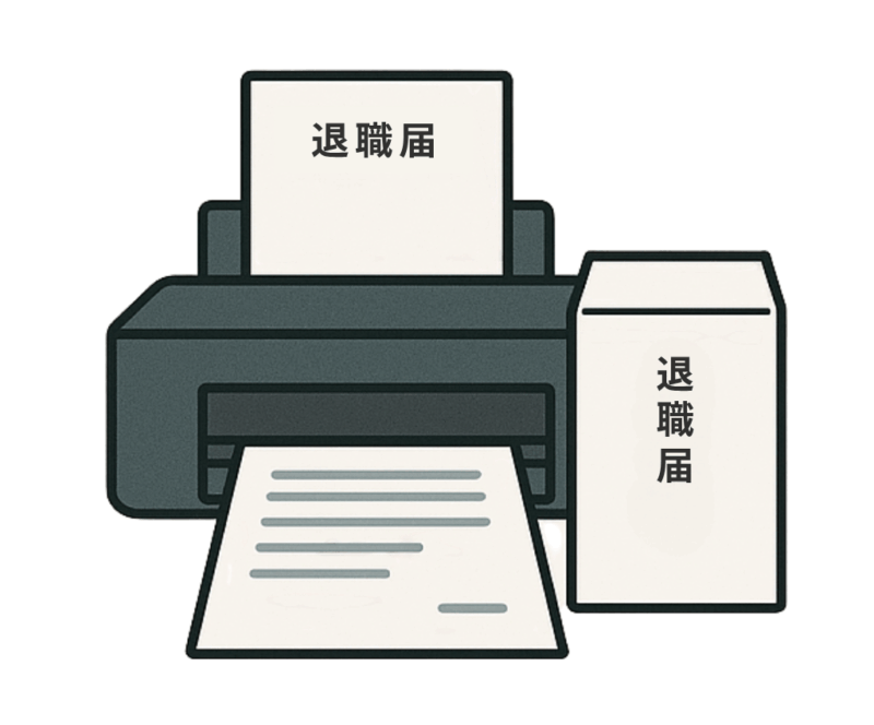 プリンターから「退職届」と書かれた書類が出力され、封筒にも「退職届」と書かれているイラスト