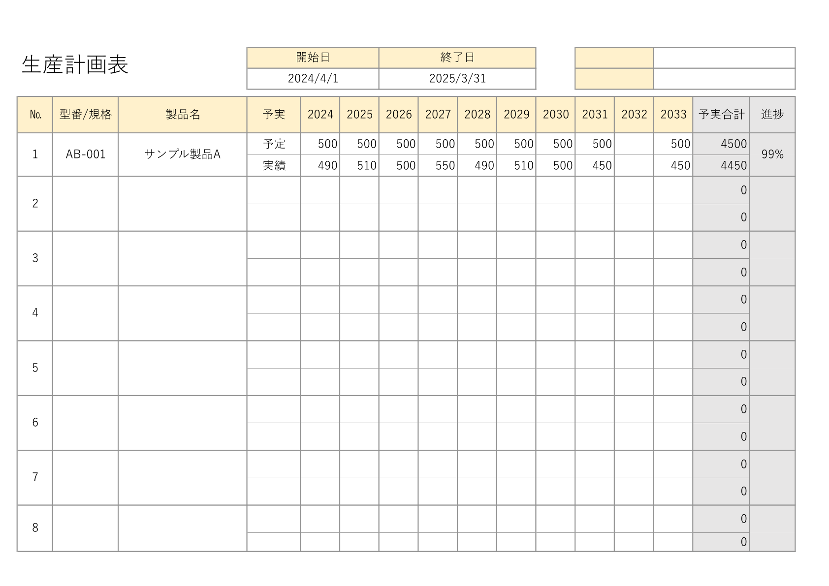 年単位で生産計画を立てられる年間生産計画表のテンプレート