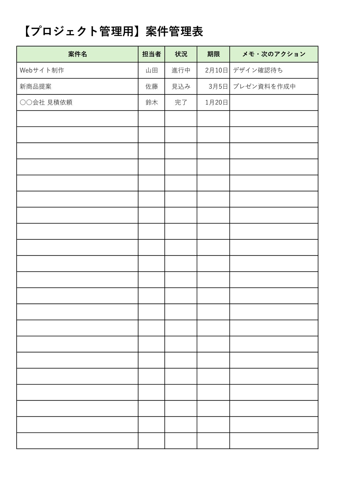 プロジェクト管理用のシンプルな案件管理表テンプレート