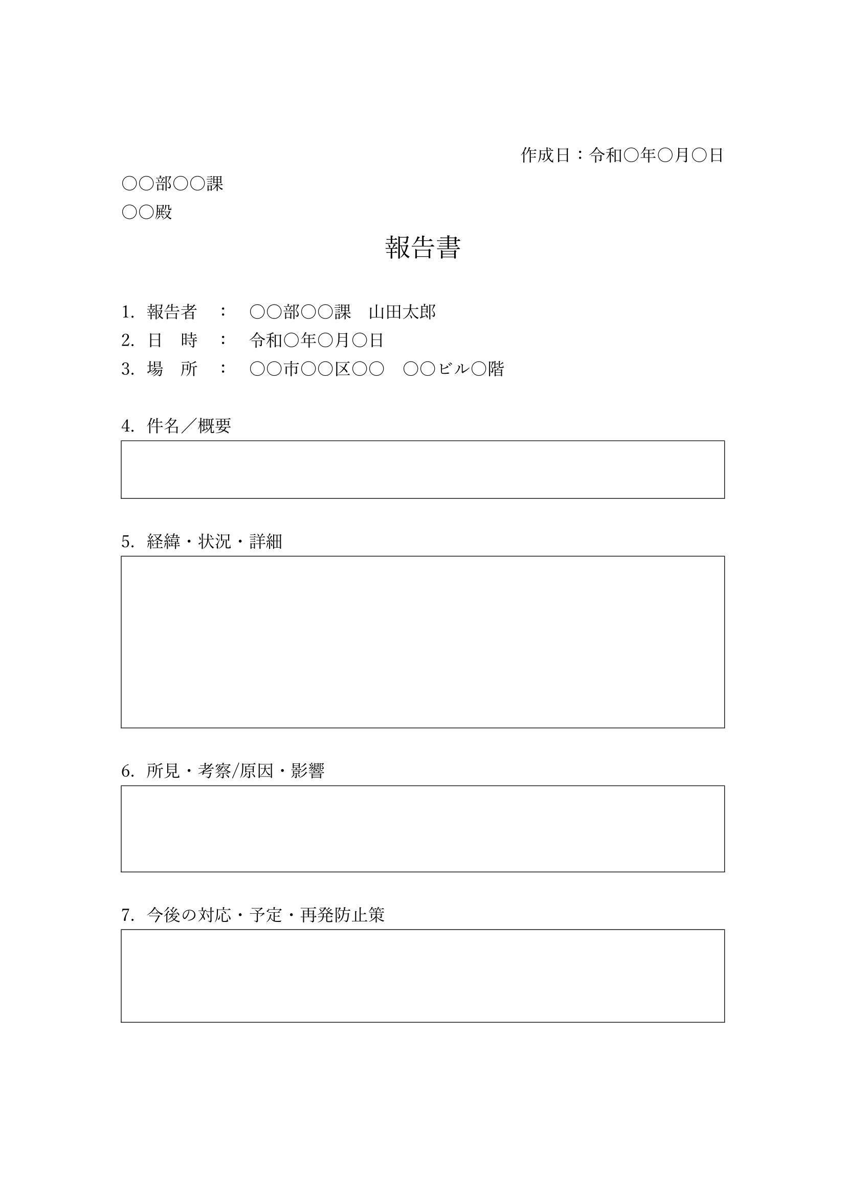 白地に黒文字のシンプルな報告書テンプレート。右上に作成日、左上に部署名と宛名が配置されている。中央に「報告書」の見出しが大きく記載され、その下に報告者名、日時、場所の3項目が横並びで整列。続いて、4. 件名／概要、5. 経緯・状況・詳細、6. 所見・考察／原因・影響、7. 今後の対応・予定・再発防止策といった項目が順に縦に並び、それぞれの項目の下に罫線で囲まれた記入欄が設けられている。全体として清潔感のあるシンプルなビジネス文書デザイン。