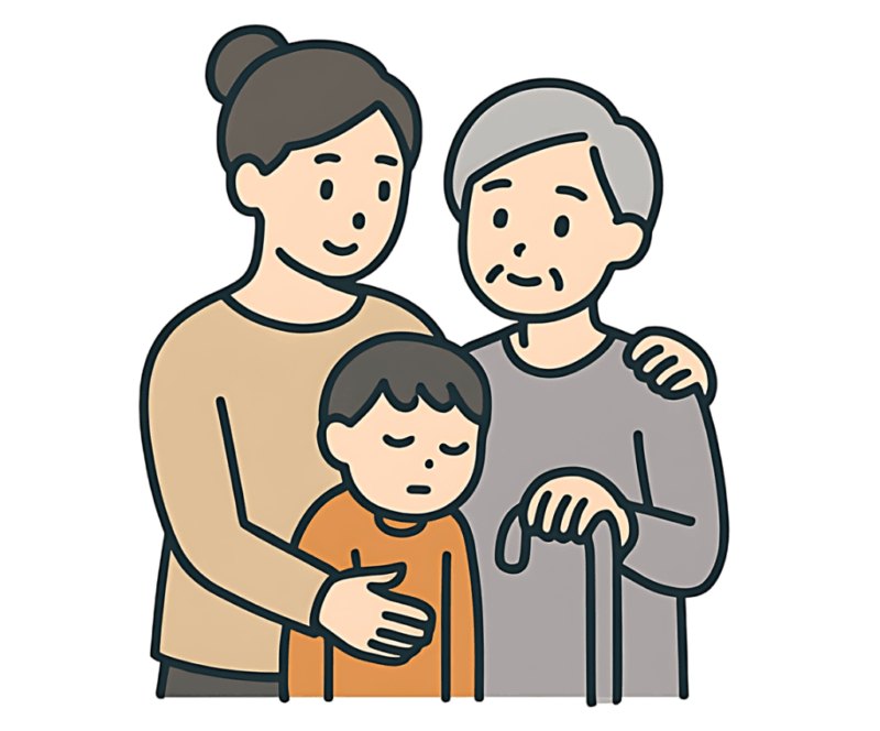 家族の介護を退職理由とする女性と家族のイラスト