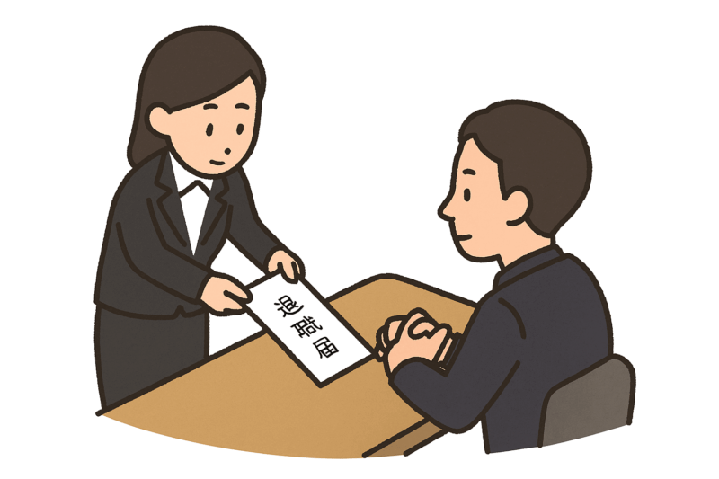 スーツ姿の女性社員が上司に退職届を手渡しているイラスト