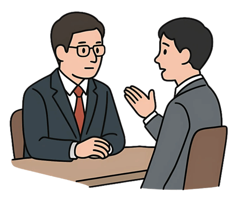スーツ姿の男性2人がテーブル越しに向かい合い、退職の意思を伝えている場面のイラスト