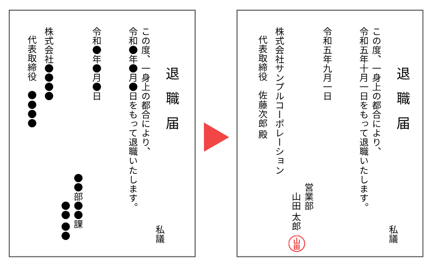 退職届の書き方の例として、左に記入前のサンプル、右に記入済みの退職届が並んでいるイラスト