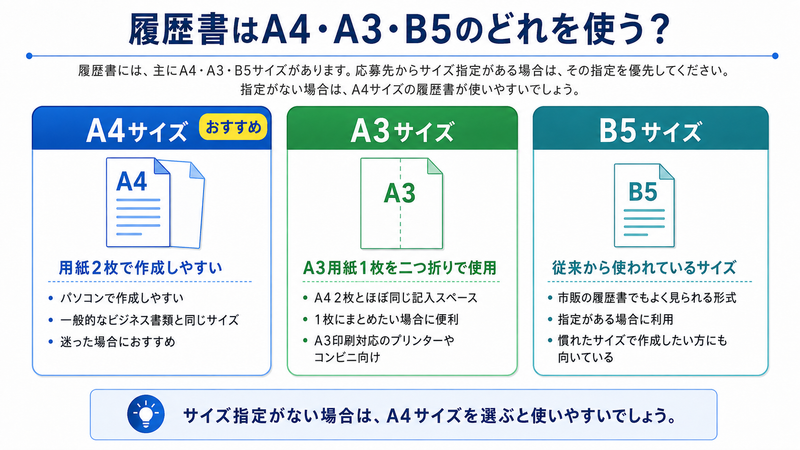 履歴書のA4・A3・B5サイズの違いとおすすめの選び方を比較した画像