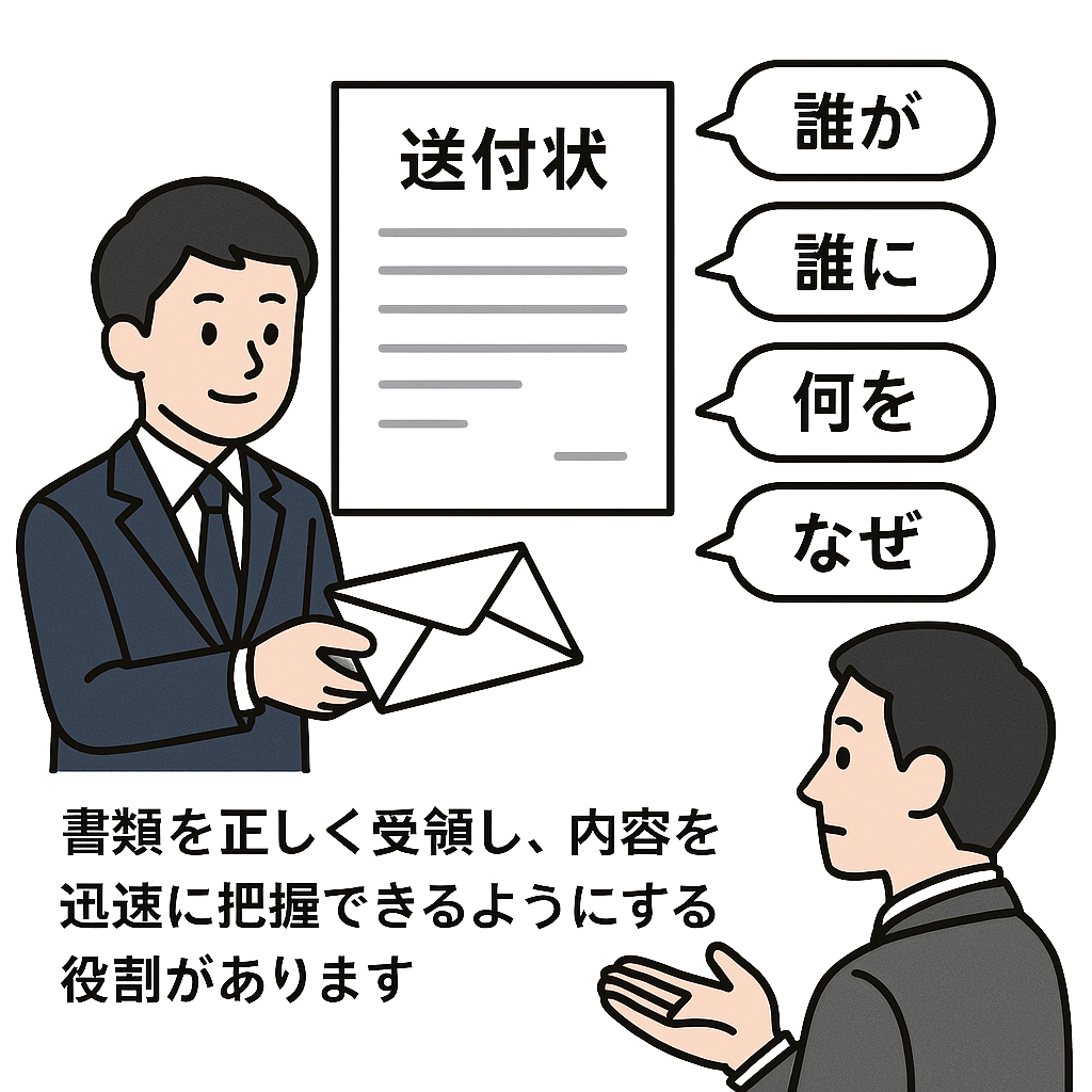 送付状の役割を説明するビジネスマンのイラスト。送付状と封筒を手渡す男性と、説明を聞く男性が描かれ、「誰が」「誰に」「何を」「なぜ」という要素が送付状に必要であることが示されている。下部には送付状が書類の内容を正しく把握するための役割を持つと記載されている。