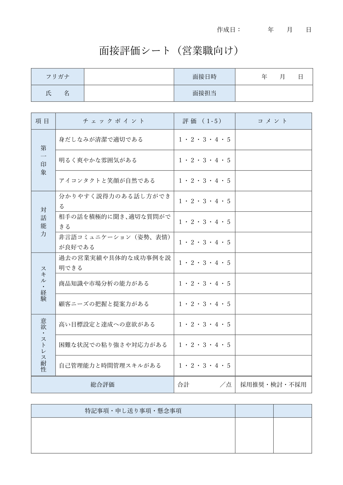 営業職用評価シート：営業スキルに焦点を当てた項目