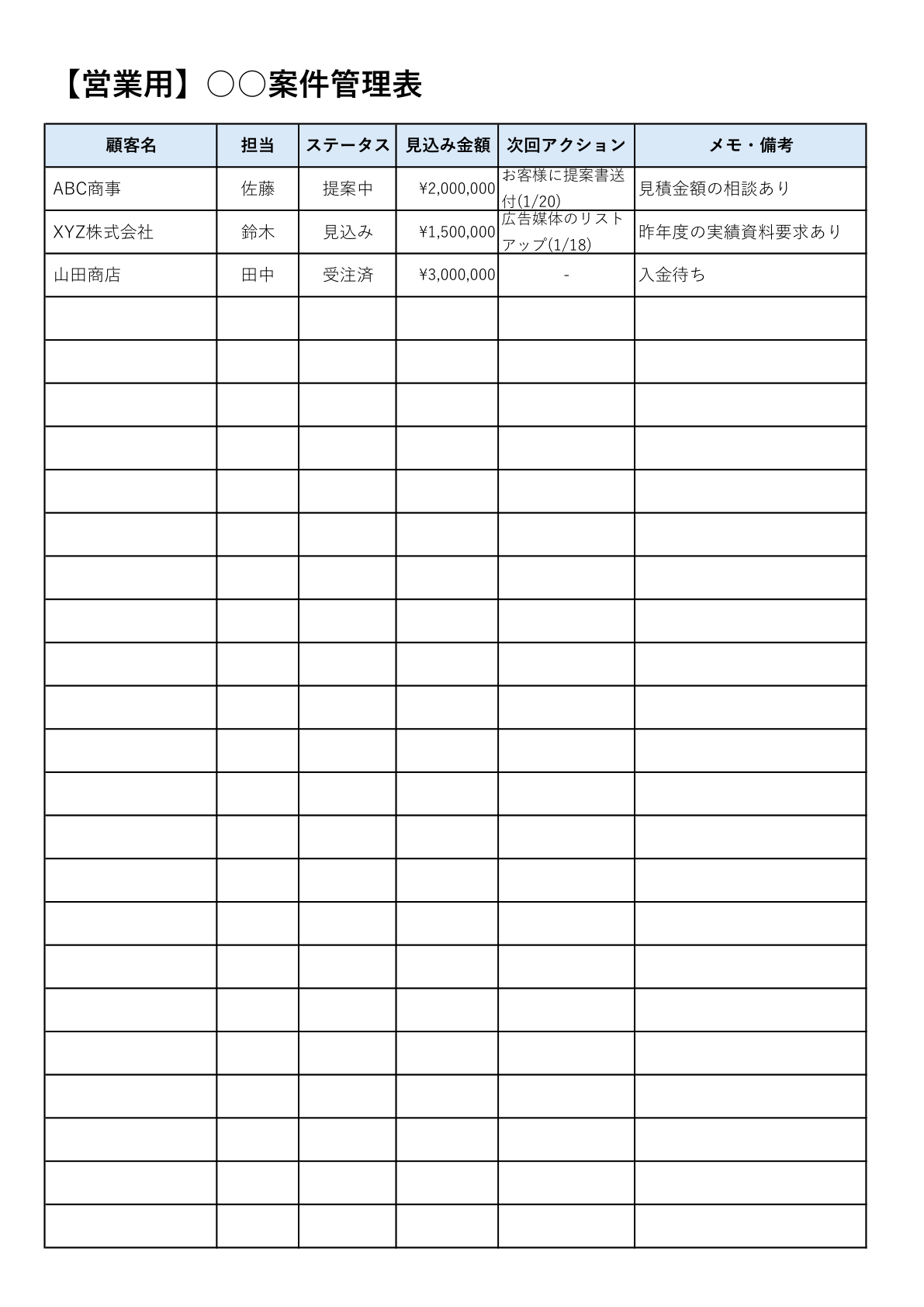 営業で使える、シンプルな案件管理表テンプレート