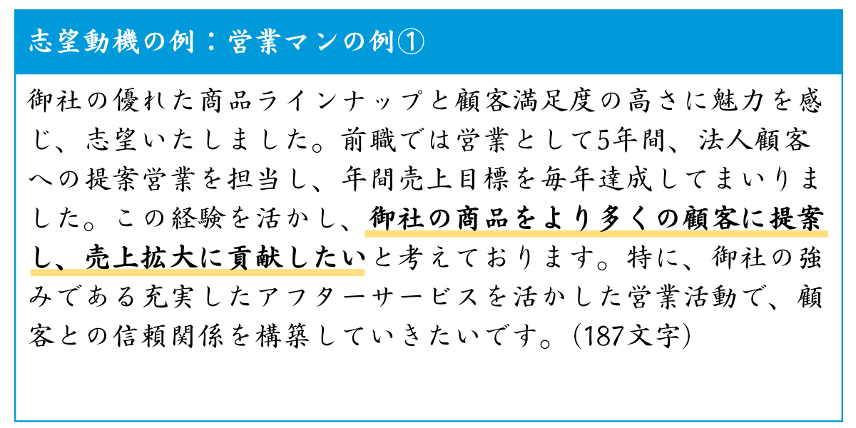 営業職向けの志望理由書サンプル。主要なスキルと経験を強調