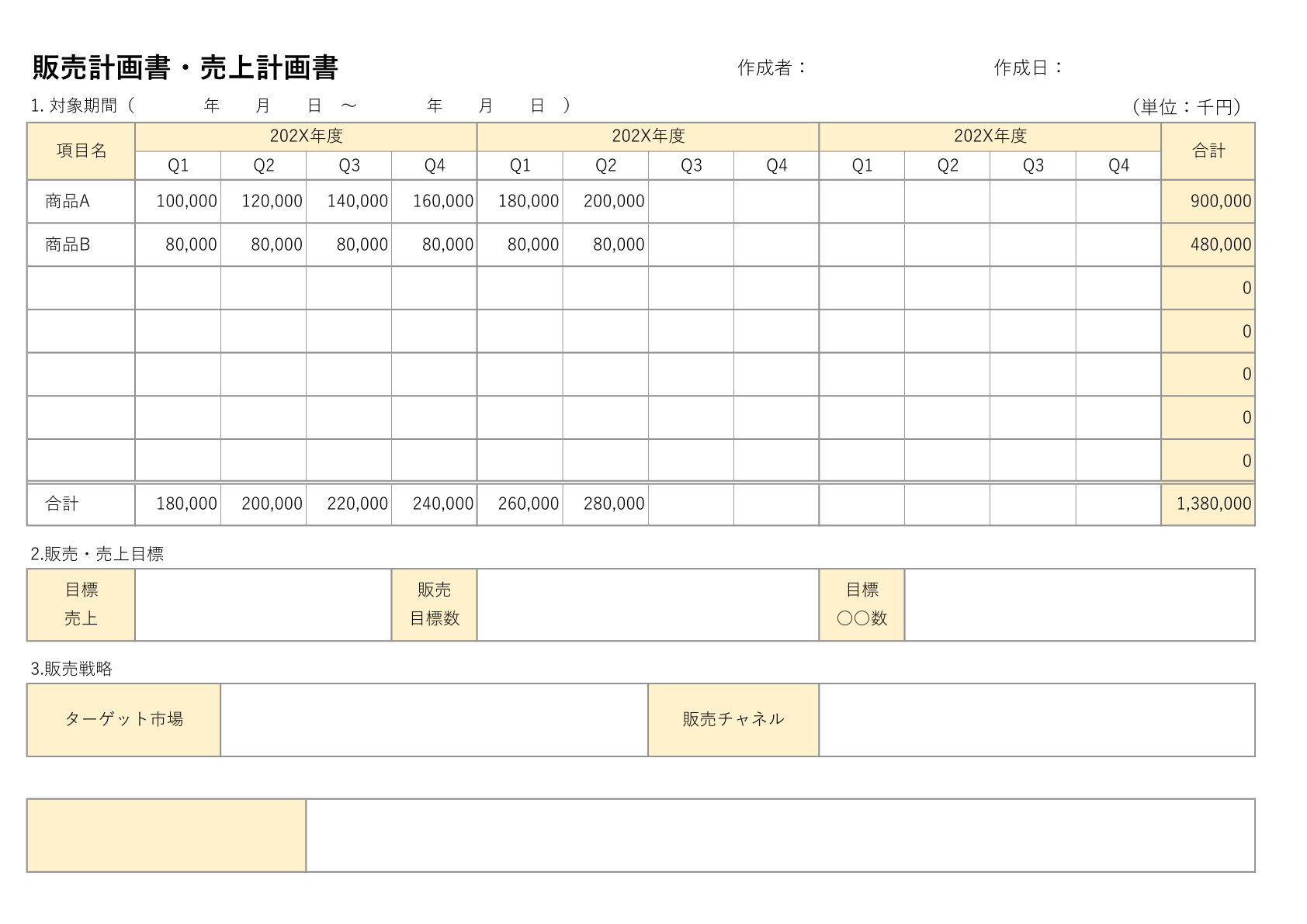 3年間の四半期別販売計画書テンプレート。Q1からQ4までの売上目標、販売戦略セクションを含む。