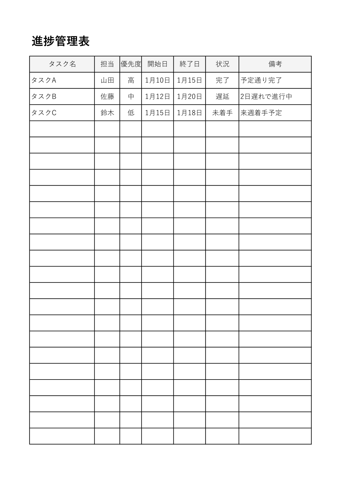 優先度や状況、担当者などを表形式で一覧管理できるタスク管理表のExcelテンプレート