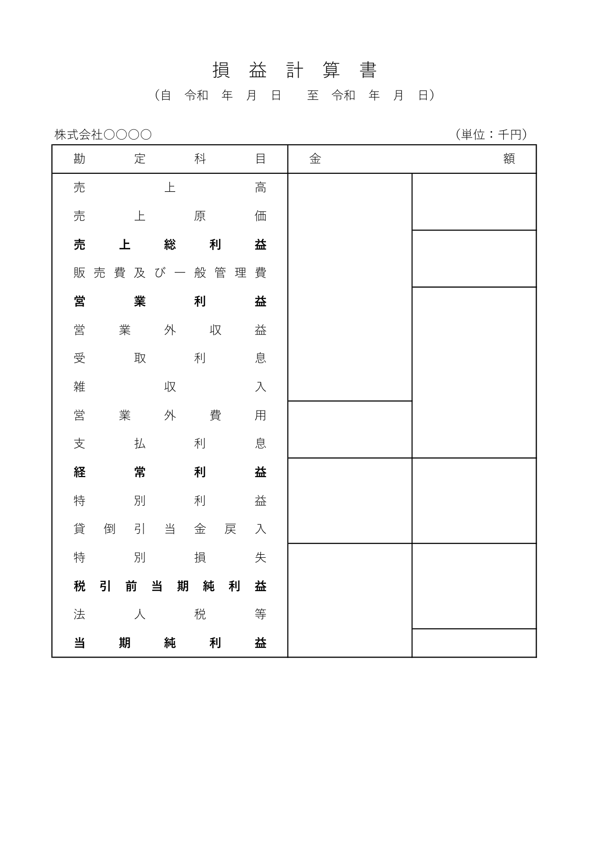 装飾のないクラシックな縦向き損益計算書のテンプレート