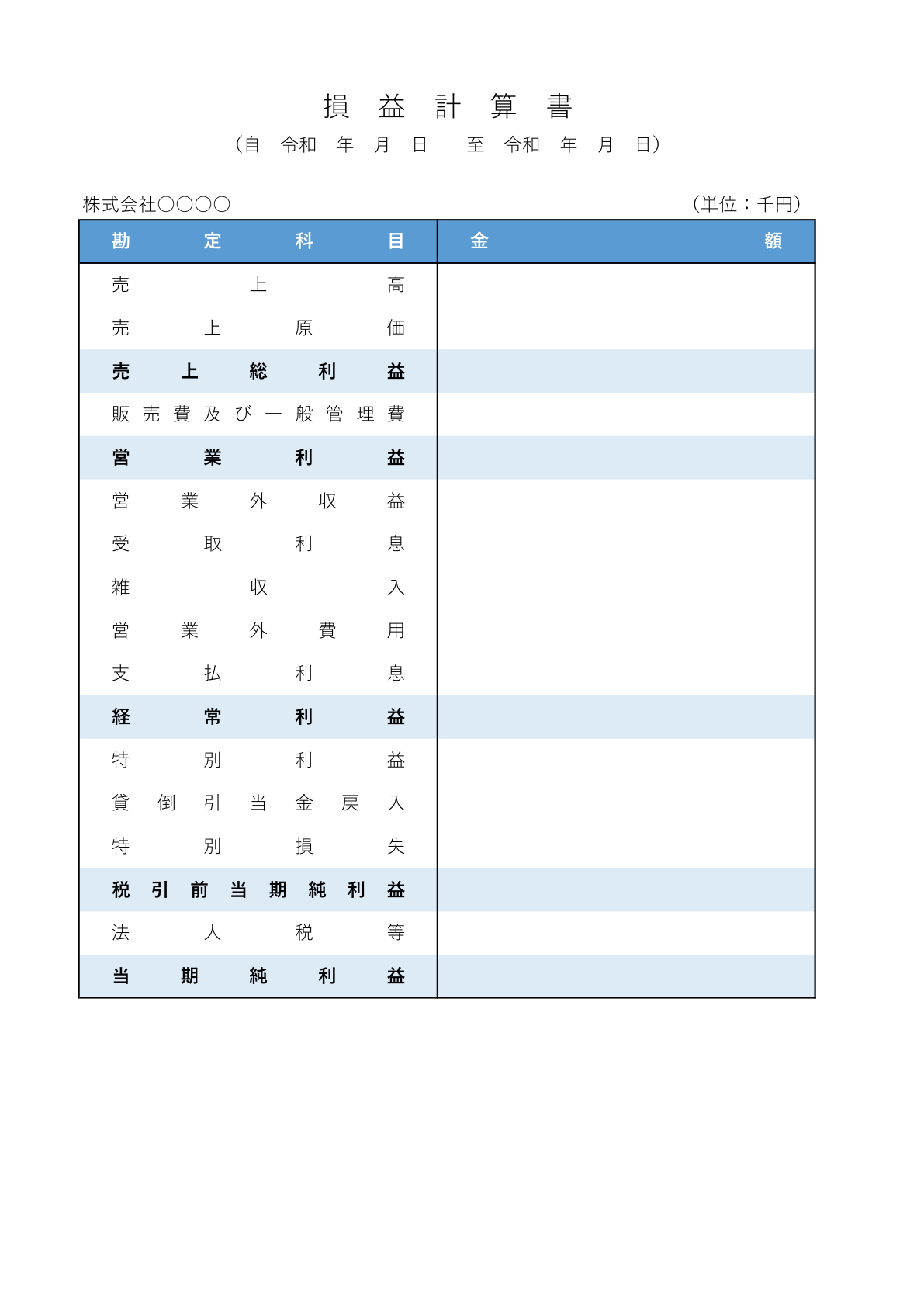 ヘッダーに色がついたクラシックな縦向きの損益計算書のテンプレート