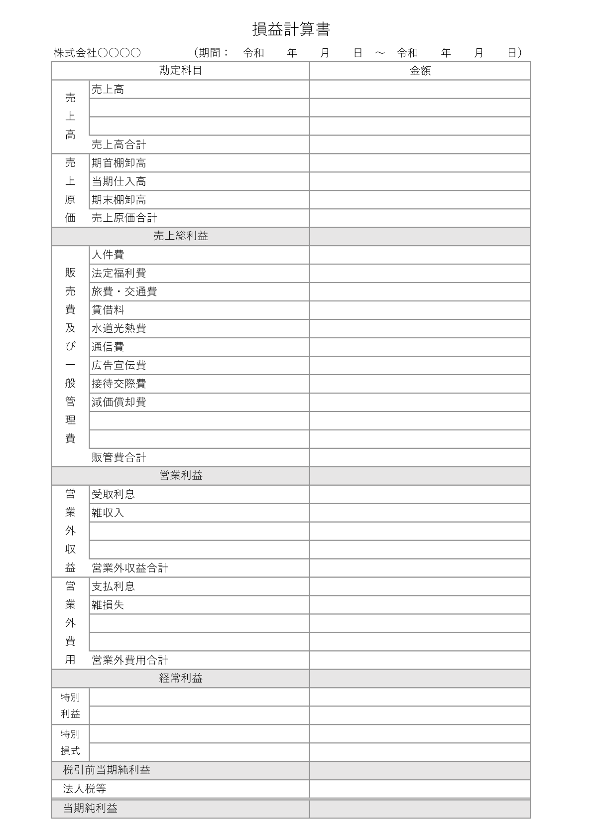 カテゴリで分類された一般的な縦向きの損益計算書テンプレート