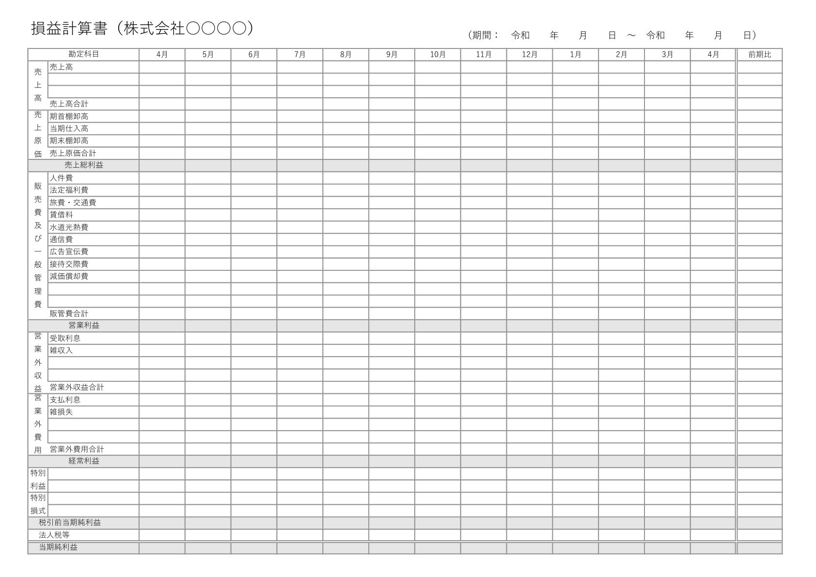 カテゴリで分類された一般的な横向きの損益計算書テンプレート