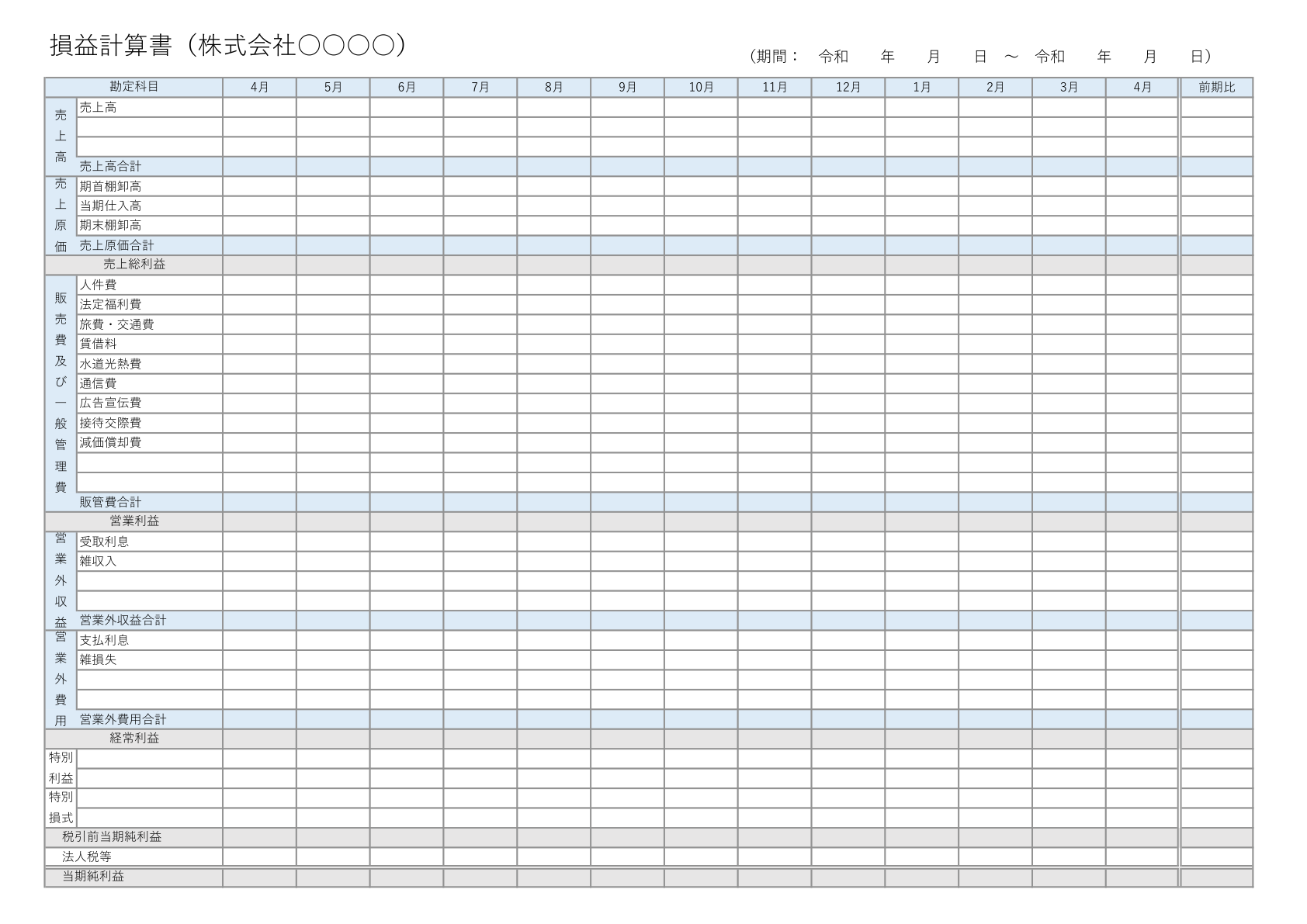 カテゴリに色が付いた見やすい一般的な横向きの損益計算書テンプレート